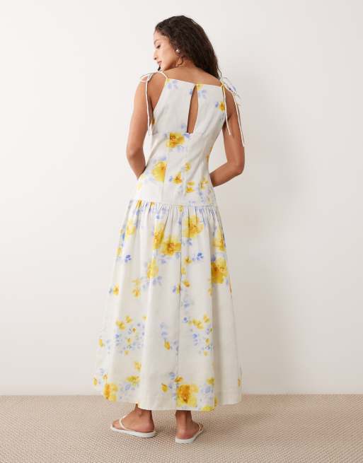 ASOS DESIGN struktureret bomulds-maxikjole med bindebuste og sænket talje i malet blå og gul blomsterprint med gingham-bindestropper, 4 af 4