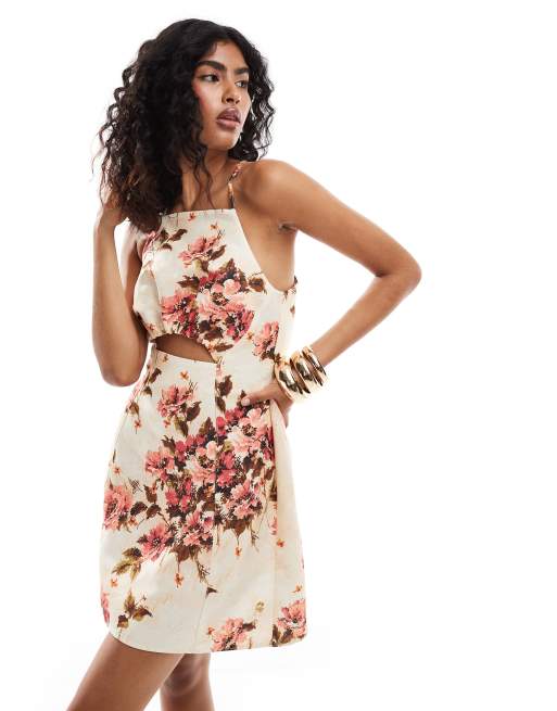 ASOS DESIGN - Struktureret minikjole i abstrakt blomstermønster med firkantet hals, krydsryg og udskæringer