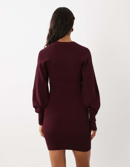 ASOS DESIGN struktureret minikjole med voluminøse ærmer i burgundy, 4 af 4