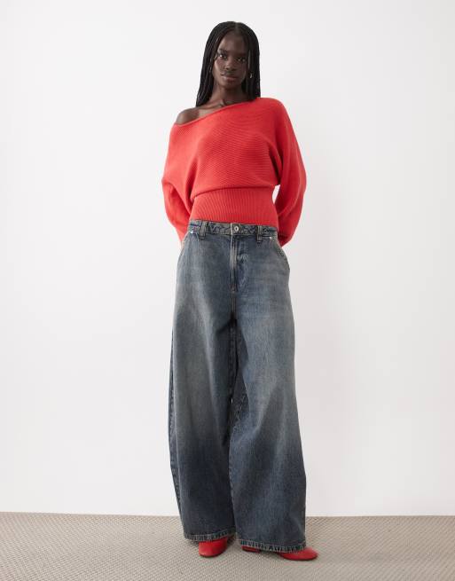 ASOS DESIGN struktureret ribstrikket jumper med indsnøret talje og bådudskæring i rød, 3 af 4