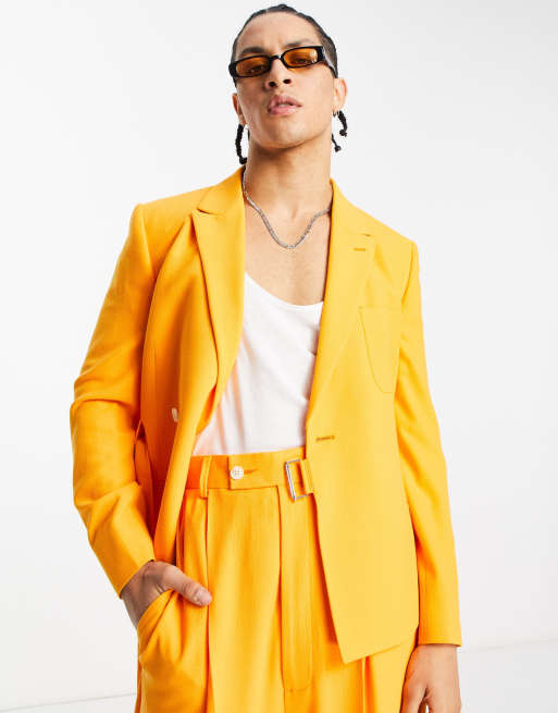 ASOS DESIGN – Strukturierte Anzugjacke in Orange mit engem Schnitt und Gürtel