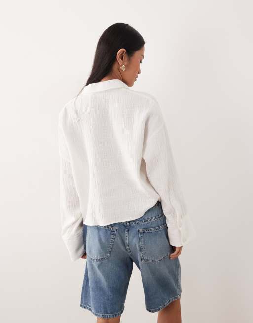 ASOS DESIGN – Strukturierte Cropped Hemdbluse aus Baumwolle in Elfenbeinweiß, 3 von 4