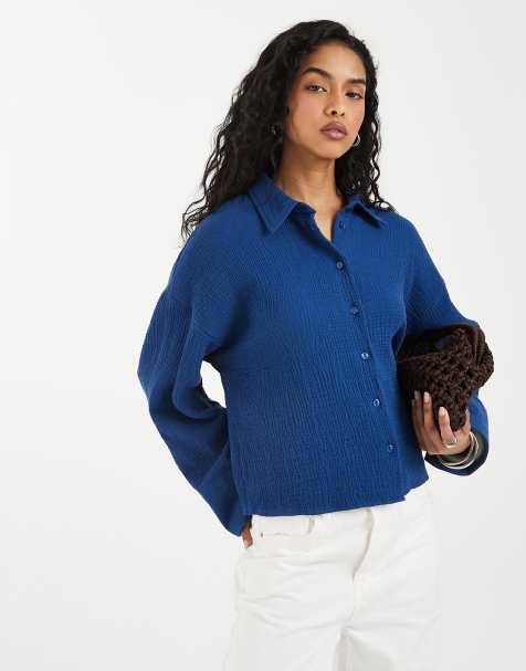 ASOS DESIGN – Strukturierte Cropped-Hemdbluse aus Baumwolle in Marineblau - view 1