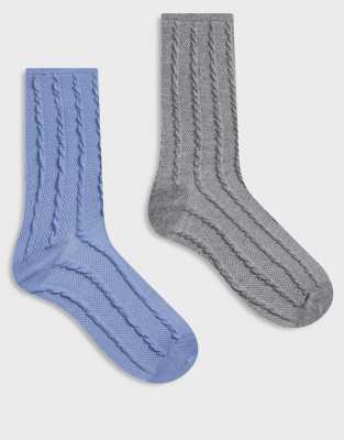 ASOS DESIGN - Strukturierte, gerippte Socken in Mittelblau und Anthrazitgrau, 2er-Pack-Weiß