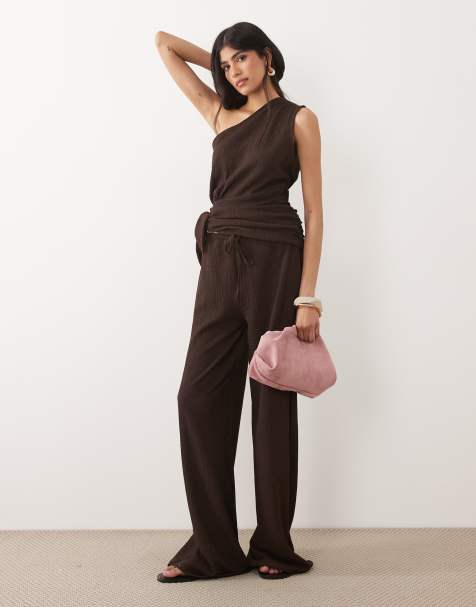 ASOS DESIGN – Strukturierte Hose in Braun mit weitem Bein, Kombiteil - view 1