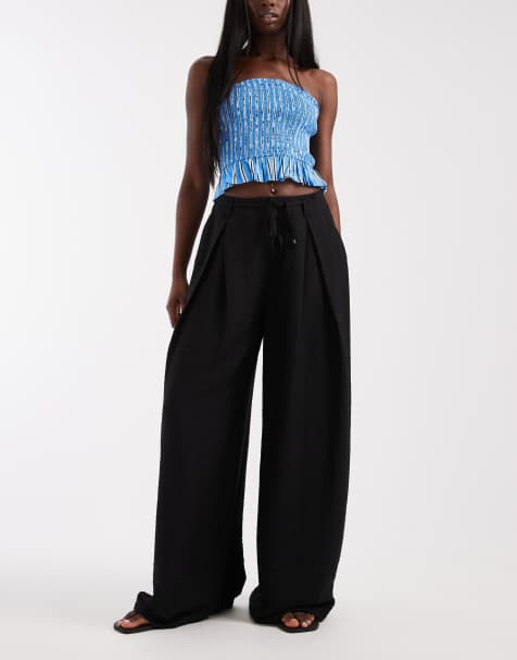 ASOS DESIGN – Strukturierte Hose in Schwarz mit weitem Bein und Bindegürtel - view 1