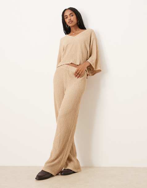 ASOS DESIGN – Strukturierte Hose in Steinbeige mit weitem Bein, Kombiteil - view 1