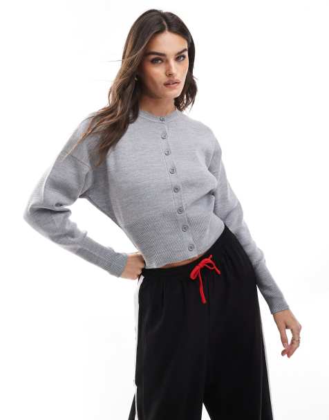 ASOS DESIGN – Strukturierte, kompakte Strickjacke in Grau mit Rundhalsausschnitt - view 1