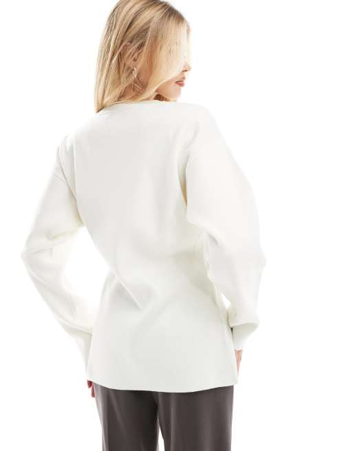 ASOS DESIGN – Strukturierte lange Strickjacke in Creme mit Rundhalsausschnitt, 3 von 4