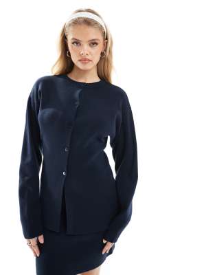 ASOS DESIGN - Strukturierte, Longline-Strickjacke in Navy mit Rundhalsausschnitt, Kombiteil-Marineblau