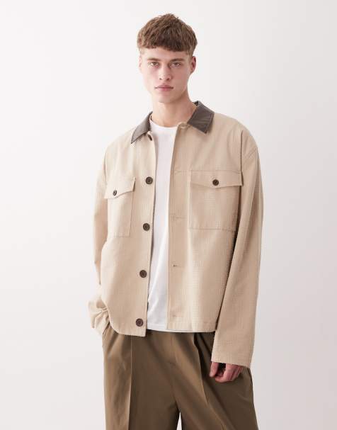 ASOS DESIGN – Strukturierte Oversize-Harrington-Jacke aus Baumwolle in Steinbeige mit Kragen aus Kunstleder - view 1