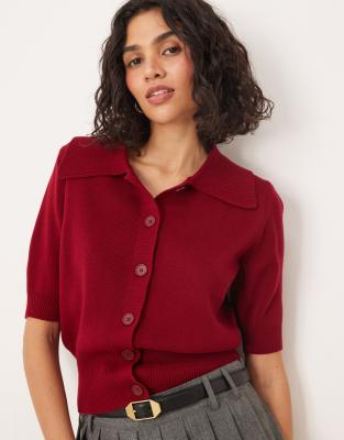 ASOS DESIGN - Strukturierte Polo-Strickjacke in Rot