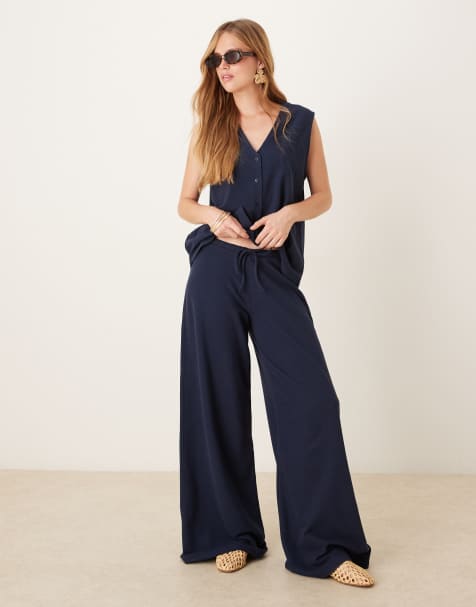 ASOS DESIGN – Strukturierte Strickhose in Marineblau mit weitem Bein, Kombiteil - view 1