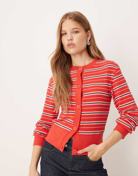 ASOS DESIGN – Strukturierte Strickjacke in gestreiftem Rot - view 1