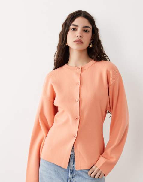 ASOS DESIGN – Strukturierte Strickjacke in Pfirsichrosa mit Rundhalsausschnitt - view 1