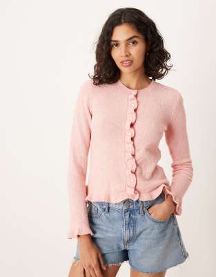 ASOS DESIGN - Strukturierte Strickjacke in Rosa mit Rüschensaum