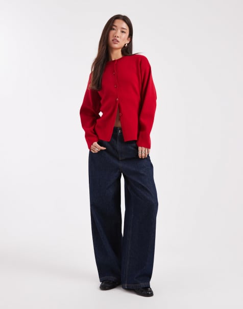 ASOS DESIGN – Strukturierte Strickjacke in Rot mit Rundhalsausschnitt - view 1