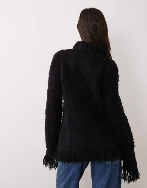 ASOS DESIGN strukturierte Strickjacke mit Fransen und doppelter Knopfleiste in Schwarz, 4 von 4