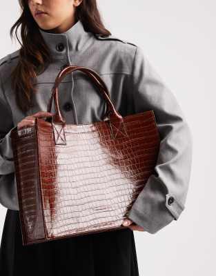 ASOS DESIGN - Strukturierte Tragetasche in Schokobraun mit Kroko-Optik-Brown