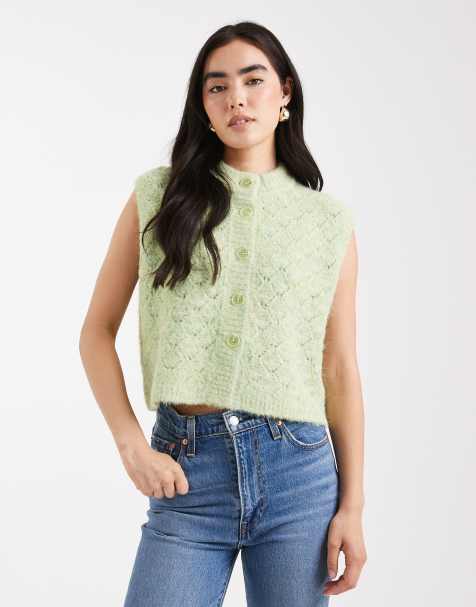 ASOS DESIGN – Strukturierte Weste in Chartreuse-Grün mit durchgehender Knopfleiste und Maschendesign - view 1