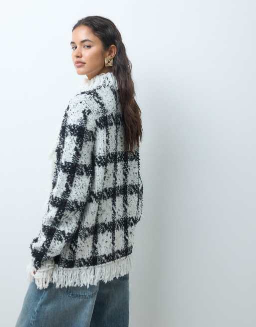 ASOS DESIGN strukturierter Coatigan mit Fransen und doppelter Knopfleiste in Schwarz-Weiß-Karo, 5 von 9