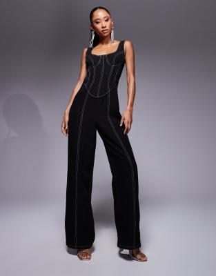 ASOS DESIGN - Strukturierter Jumpsuit in Schwarz mit Korsettdetail und Ziernaht