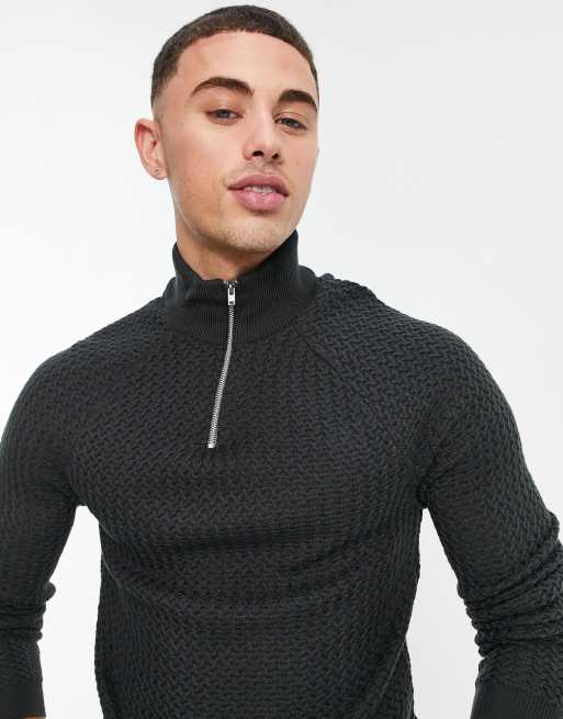 ASOS DESIGN – Strukturierter Muskel-Strickpullover mit halblangem Reißverschluss in Anthrazit