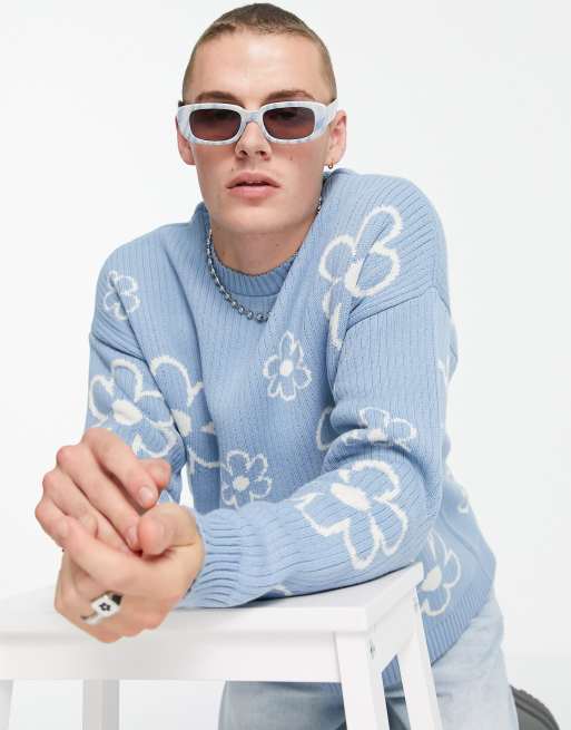 ASOS DESIGN – Strukturierter Oversize-Strickpullover in Blau mit Blumendesign