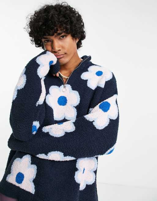 ASOS DESIGN – Strukturierter Strickpullover mit halbem Reißverschluss und Blumenmuster in Marineblau