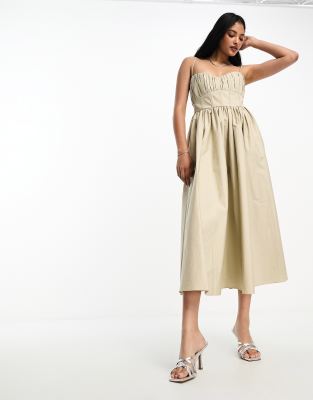 ASOS DESIGN - Strukturiertes Abschlussball-Midikleid aus Baumwolle in Stone mit Korsett-Detail-Neutral