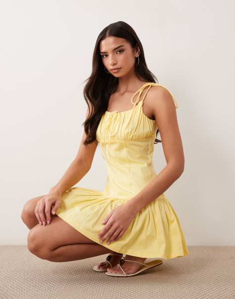 ASOS DESIGN strukturiertes Baumwoll-Schnür-Top mit tiefer Taille, Mini-Sommerkleid in Buttergelb - view 1