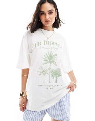 ASOS DESIGN - Strukturiertes Boyfriend-T-Shirt in Creme mit „Club Tropicana"-Grafik-Weiß