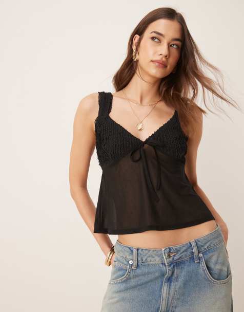 ASOS DESIGN – Strukturiertes Camisole-Oberteil in Schwarz mit Netzstoff-Mix - view 1