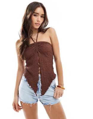 ASOS DESIGN - Strukturiertes Festival-Oberteil in Schwarz mit Neckholder und geschlitzter Vorderseite-Braun