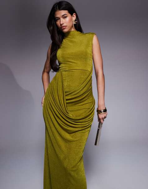 ASOS DESIGN – Strukturiertes, geschmeidiges Maxikleid in Limette mit angeschnittenen Ärmeln und Drapierung - view 1
