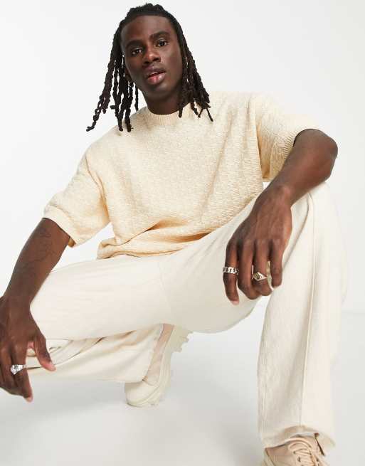 ASOS DESIGN – Strukturiertes, gestricktes Oversize-T-Shirt in Steinbeige