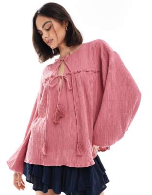 ASOS DESIGN - Strukturiertes Hängeroberteil aus rosérosa Baumwolle mit Bindedetail