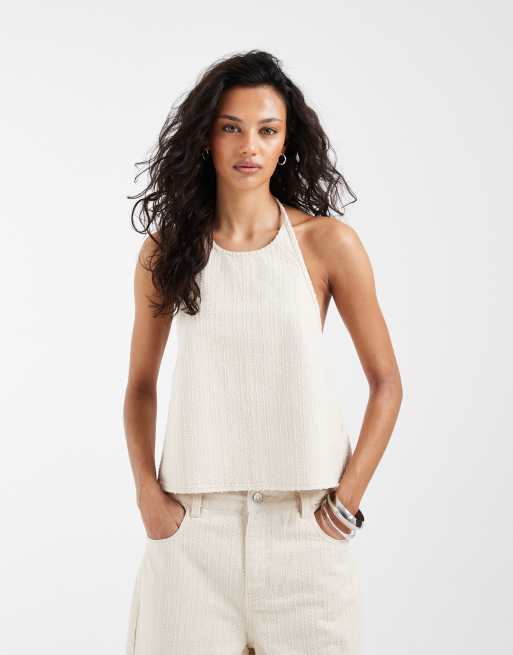 ASOS DESIGN – Jeans-Set in Ecru mit Camisole mit Rückenschnürung und weiter, strukturierter Bermudashorts, 3 von 3