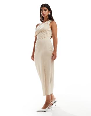 ASOS DESIGN - Strukturiertes Kleid in Steinbeige aus Leinen mit One-Shoulder-Träger-Neutral