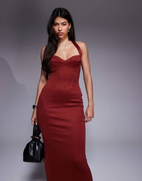 ASOS DESIGN – Strukturiertes Korsett-Midikleid in dunklem Kirschrot - view 1