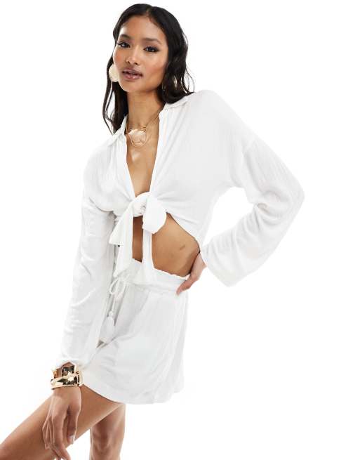 ASOS DESIGN – Strukturiertes langärmliges Hemd in Weiß mit Bindeteil vorne, Kombiteil