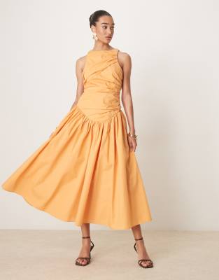 ASOS DESIGN - Strukturiertes Maxikleid in Apricot mit Raffung und weitem Rock-Orange