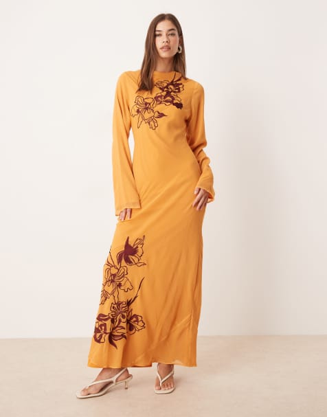 ASOS DESIGN – Strukturiertes Maxikleid in Orange mit Stickerei - view 1