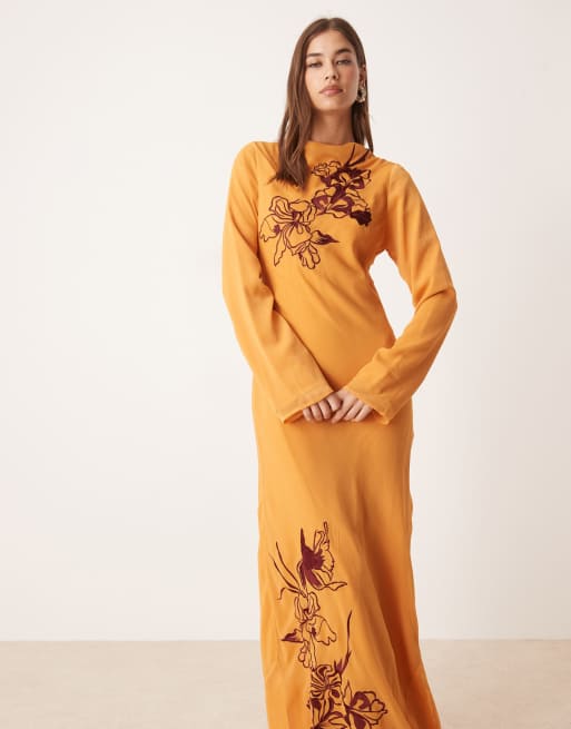 ASOS DESIGN – Strukturiertes Maxikleid in Orange mit Stickerei, 2 von 4