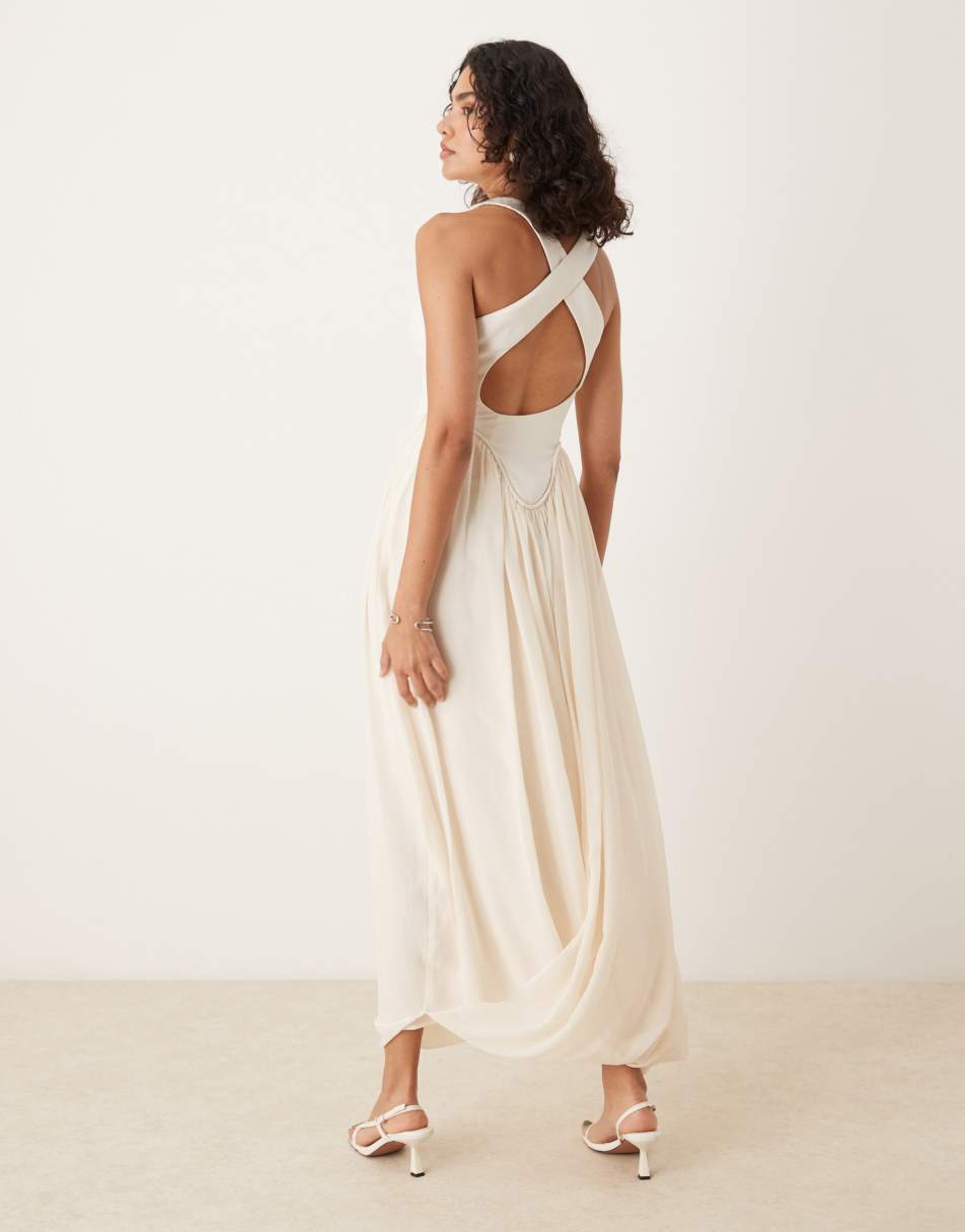 ASOS DESIGN - Strukturiertes Maxikleid in sanftem Gelb mit überkreuztem Rücken-Weiß