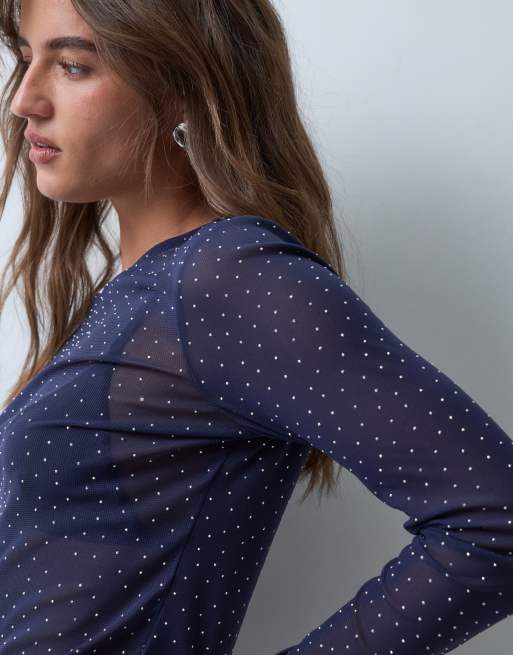 ASOS DESIGN strukturiertes Mesh-Oberteil mit langen Ärmeln in Marineblau, 2 von 4