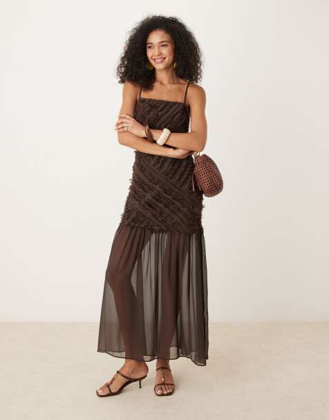 ASOS DESIGN – Strukturiertes Midi-Trägerkleid in Schokobraun mit tiefer Taille - view 1