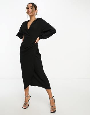 ASOS DESIGN - Strukturiertes Midi-Wickelkleid in Schwarz mit Kragen-Black