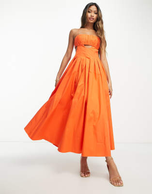 ASOS DESIGN - Strukturiertes Midikleid aus Baumwolle in Hot Orange mit geraffter Brustpartie und Faltenrock