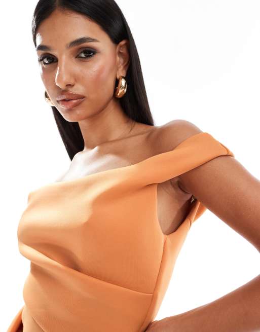 ASOS DESIGN – Strukturiertes Midikleid in Apricot mit Carmen-Ausschnitt und Bleistiftrock, 3 von 4
